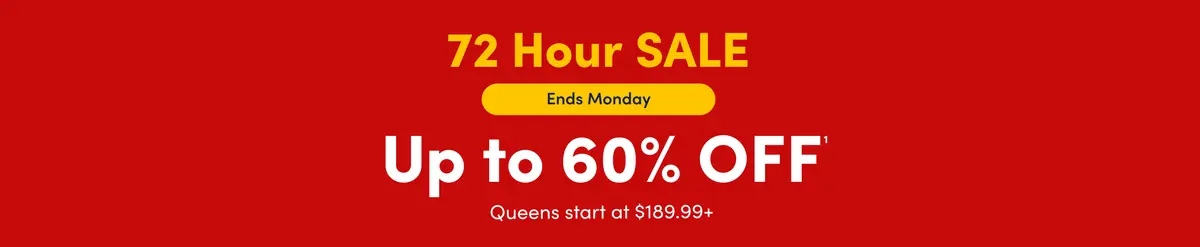 Red banner advertising a 72‑Hour Sale ending Monday with up to 60% off mattresses and queen sizes starting at $189.99.