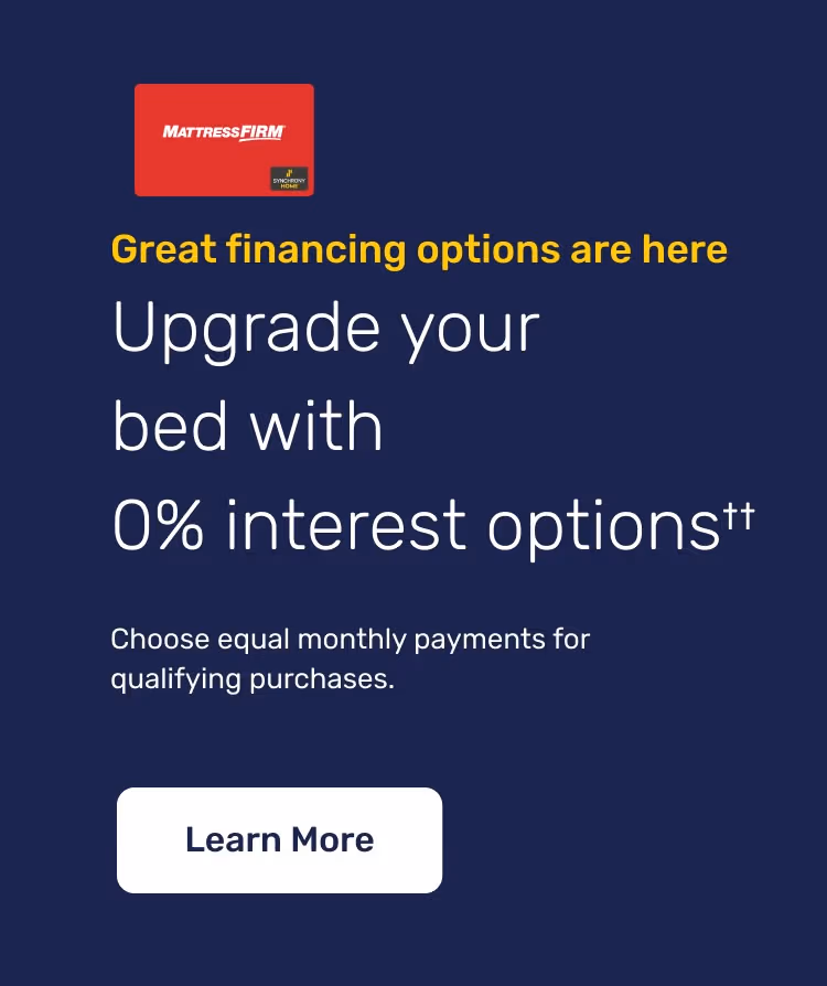 Mattress Firm financing promotion banner showing 0% interest options, equal monthly payments for qualifying purchases, and a Learn More call‑to‑action.